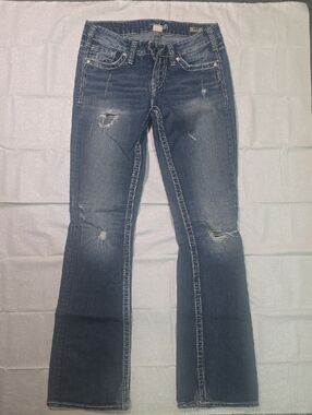 Silver Jeans Women's Distressed Dark Blue Flare Jeans